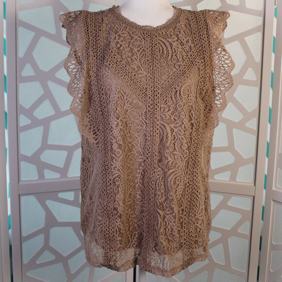 Cable And Gauge Ladies Top Sleeveless Blouse Crochet Lace Boho Taupe Brown Xlarg - Picture 1 of 9